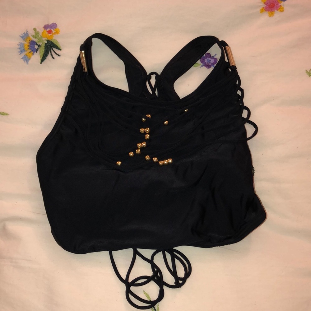 Black beaded long line bathing suit top
